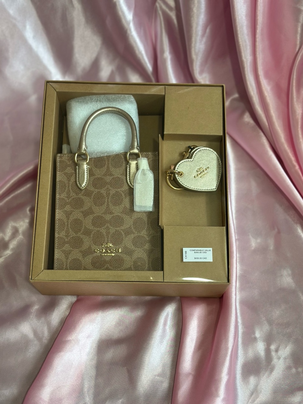 Coach Brown Signature Mini Tote with Gold Heart Keychain